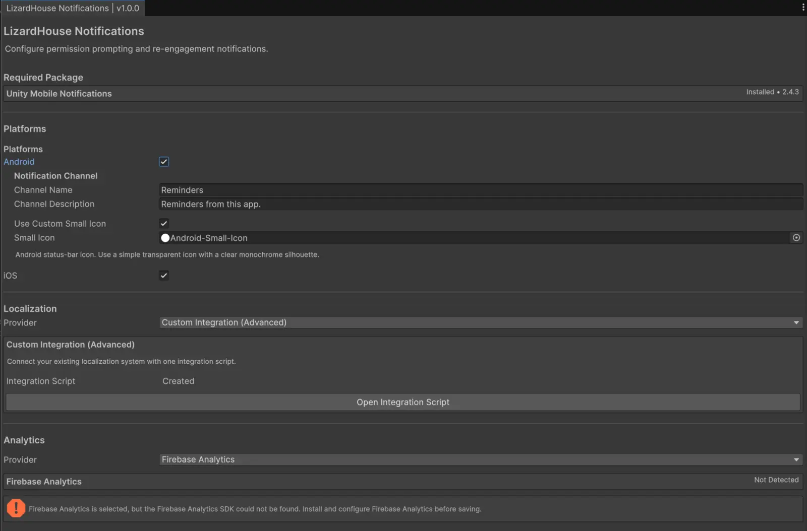 LizardHouse Notifications configuration window inside Unity