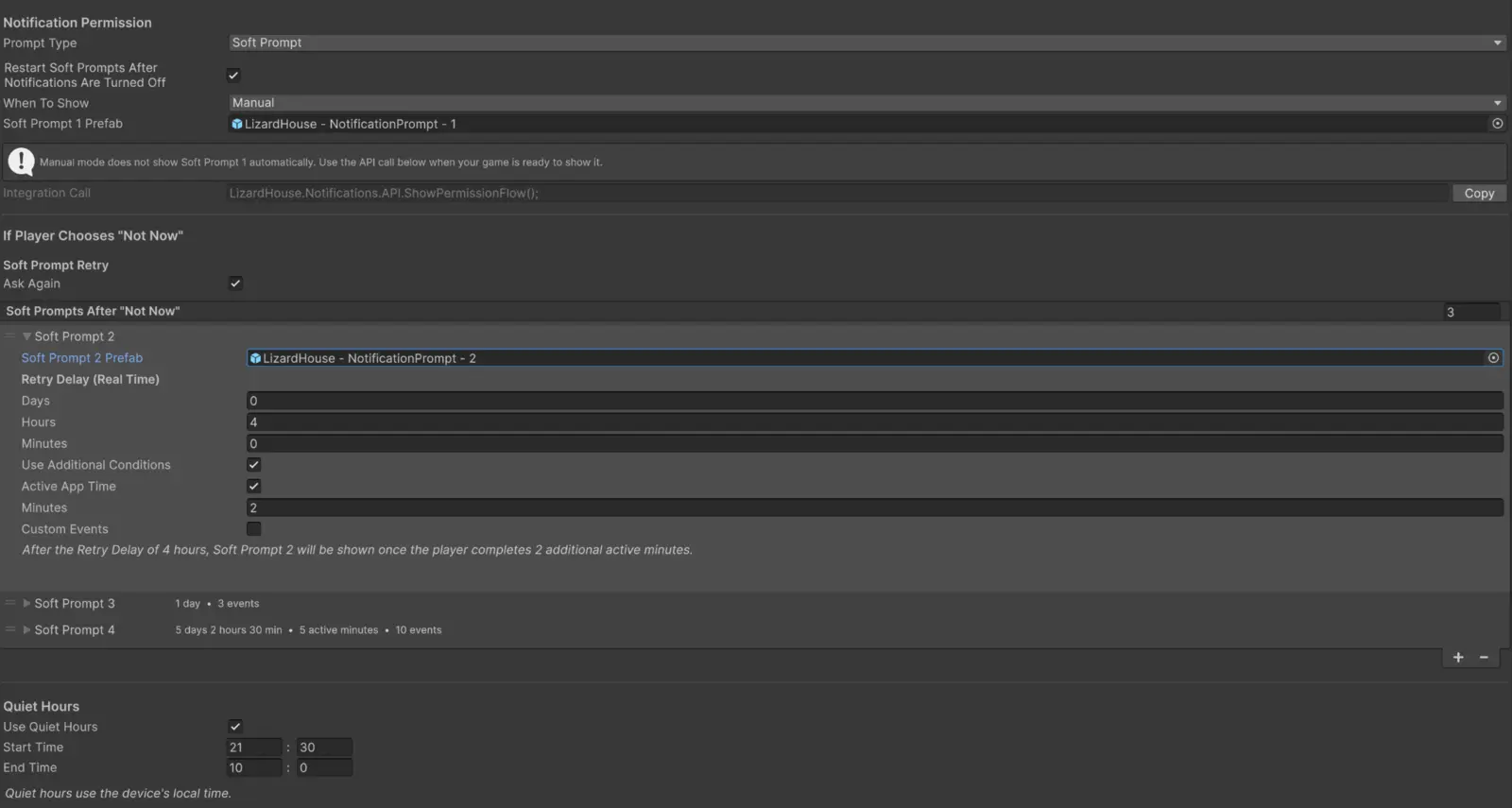 LizardHouse Notifications permission-flow configuration in Unity
