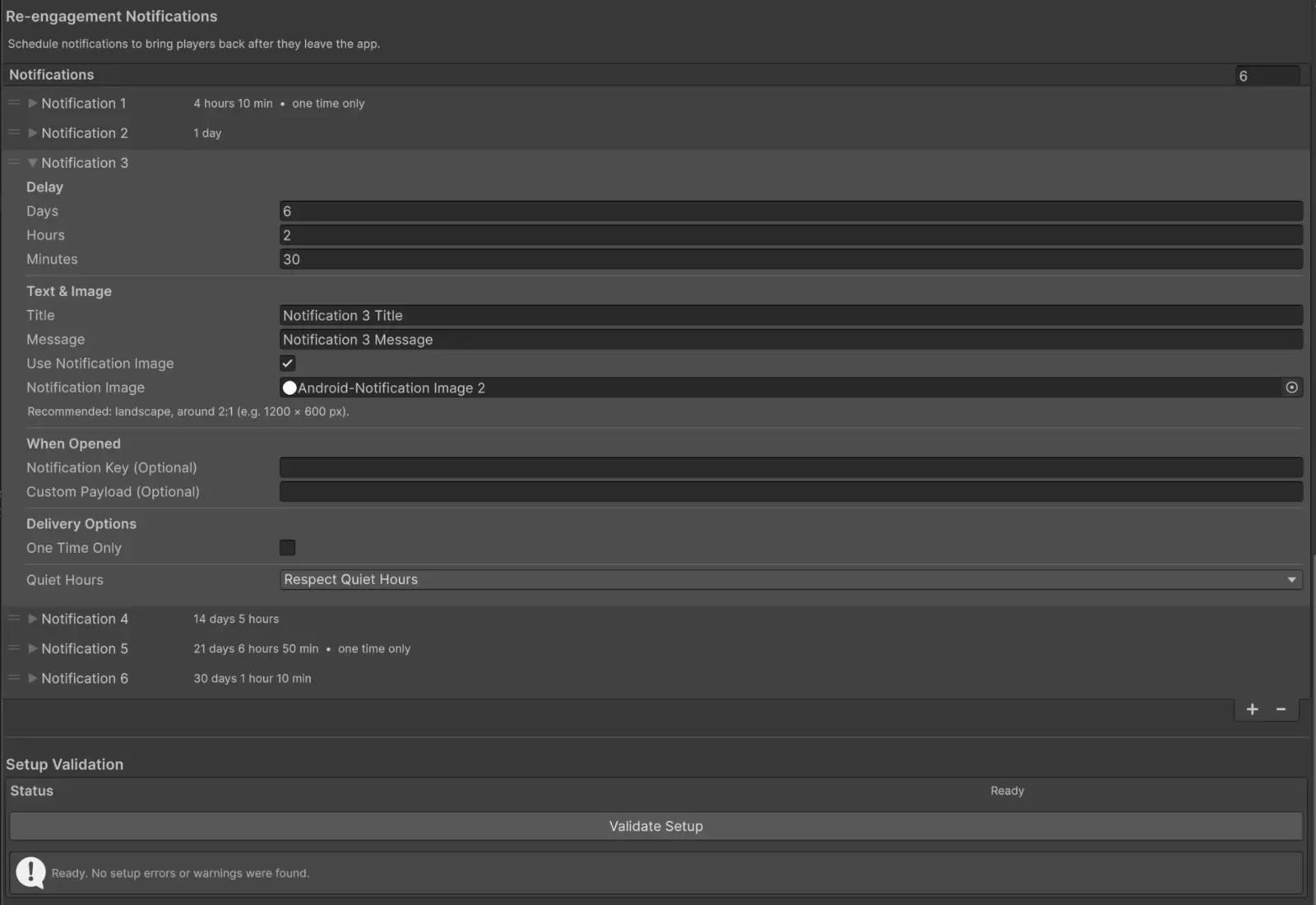 A local reminder sequence configured in LizardHouse Notifications